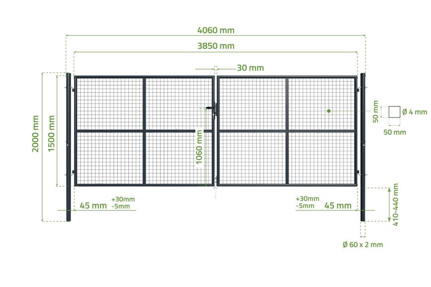 Wire Mesh Swing Gate 4m OLGA 400x150cm Grey round frame & posts | Casanoov