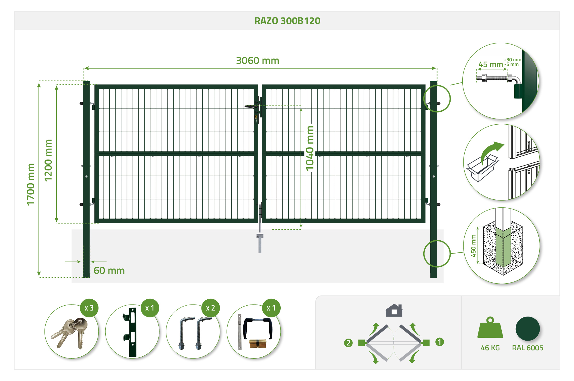Portail grillage rigide RAZO 300x120cm vert 11