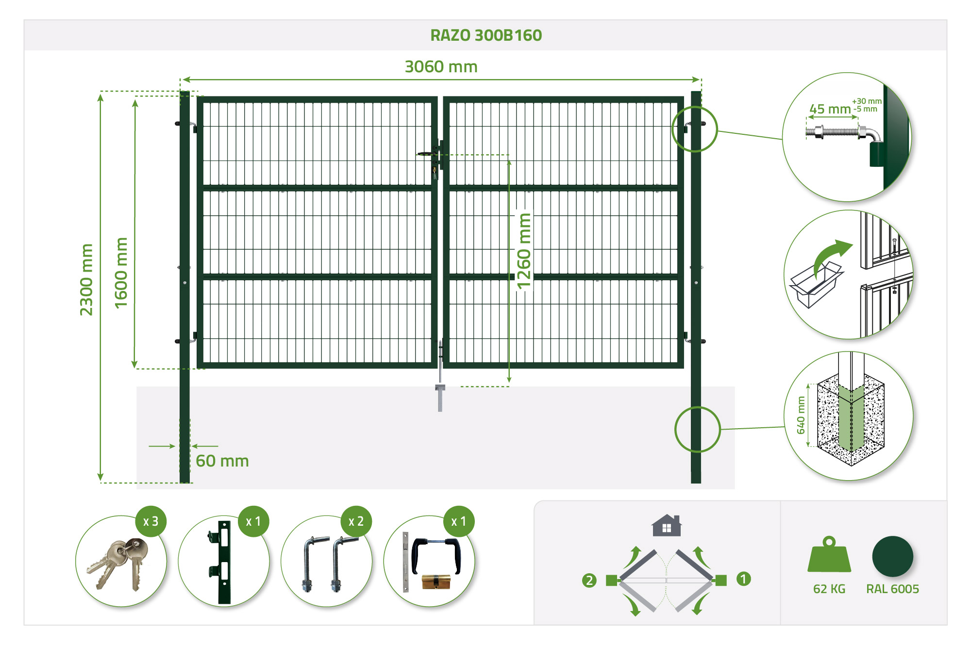 Mesh gate 3m RAZO H.160cm + side gate 1m RAZO H.160cm green 11