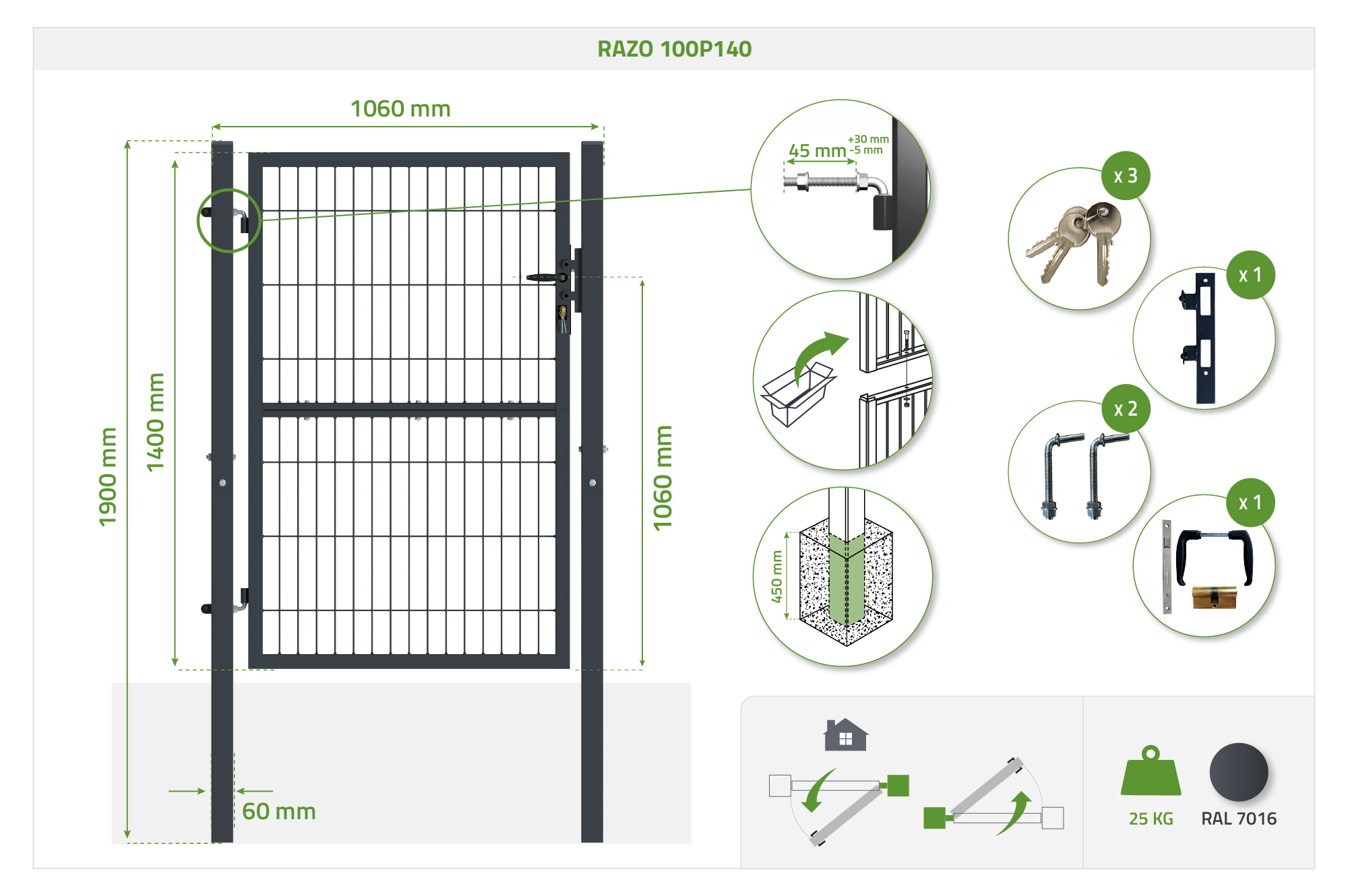 Mesh gate 4m H.140cm RAZO + side gate 1m RAZO H.140cm grey 21