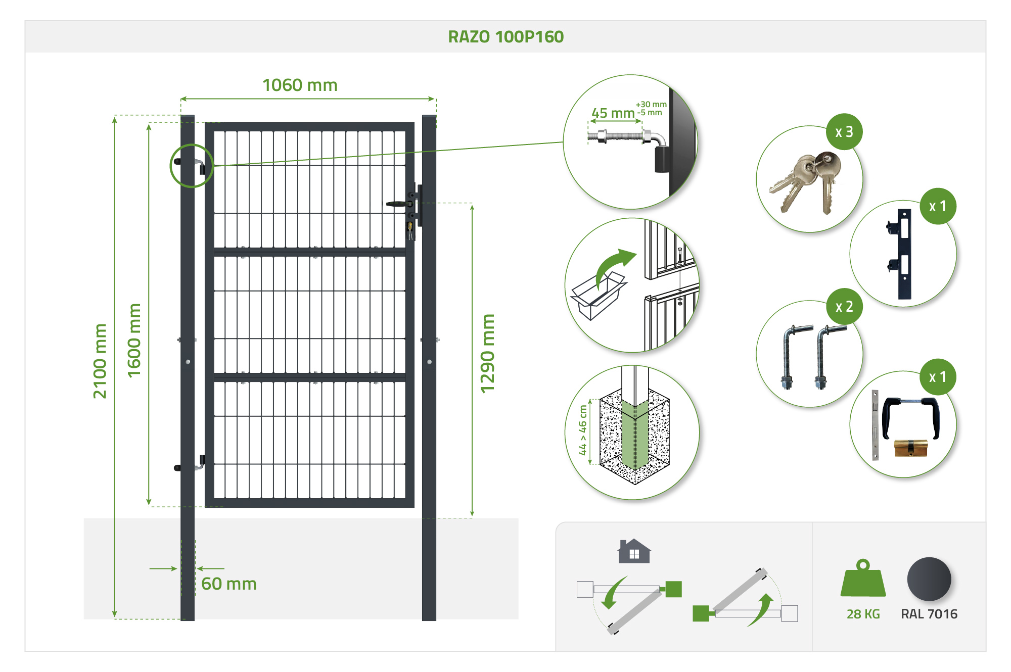 Portillon grillagé 1m RAZO H.160cm gris 11