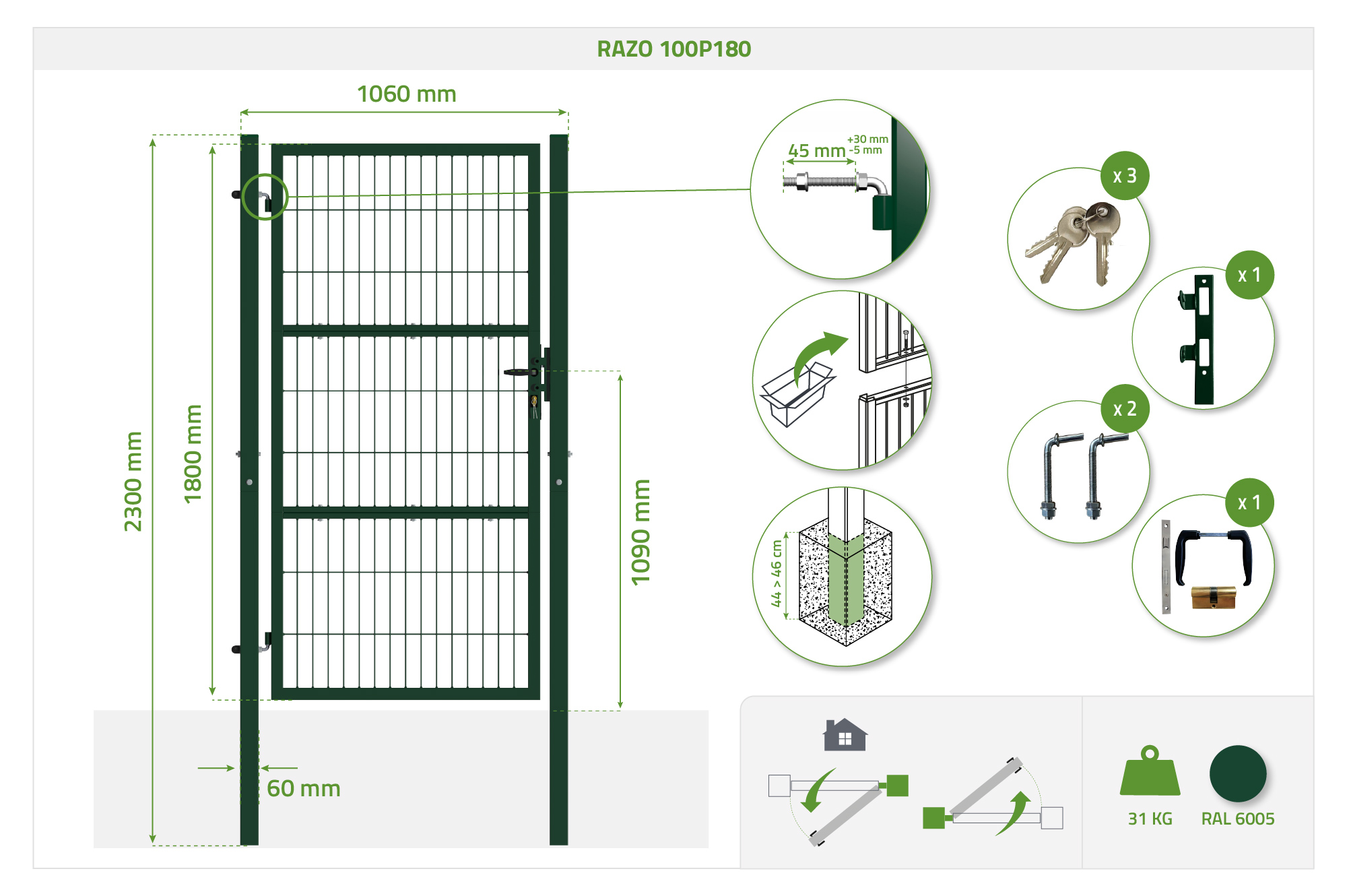 3m H.180cm RAZO mesh låge + 1m RAZO H.180cm Grøn låge 22