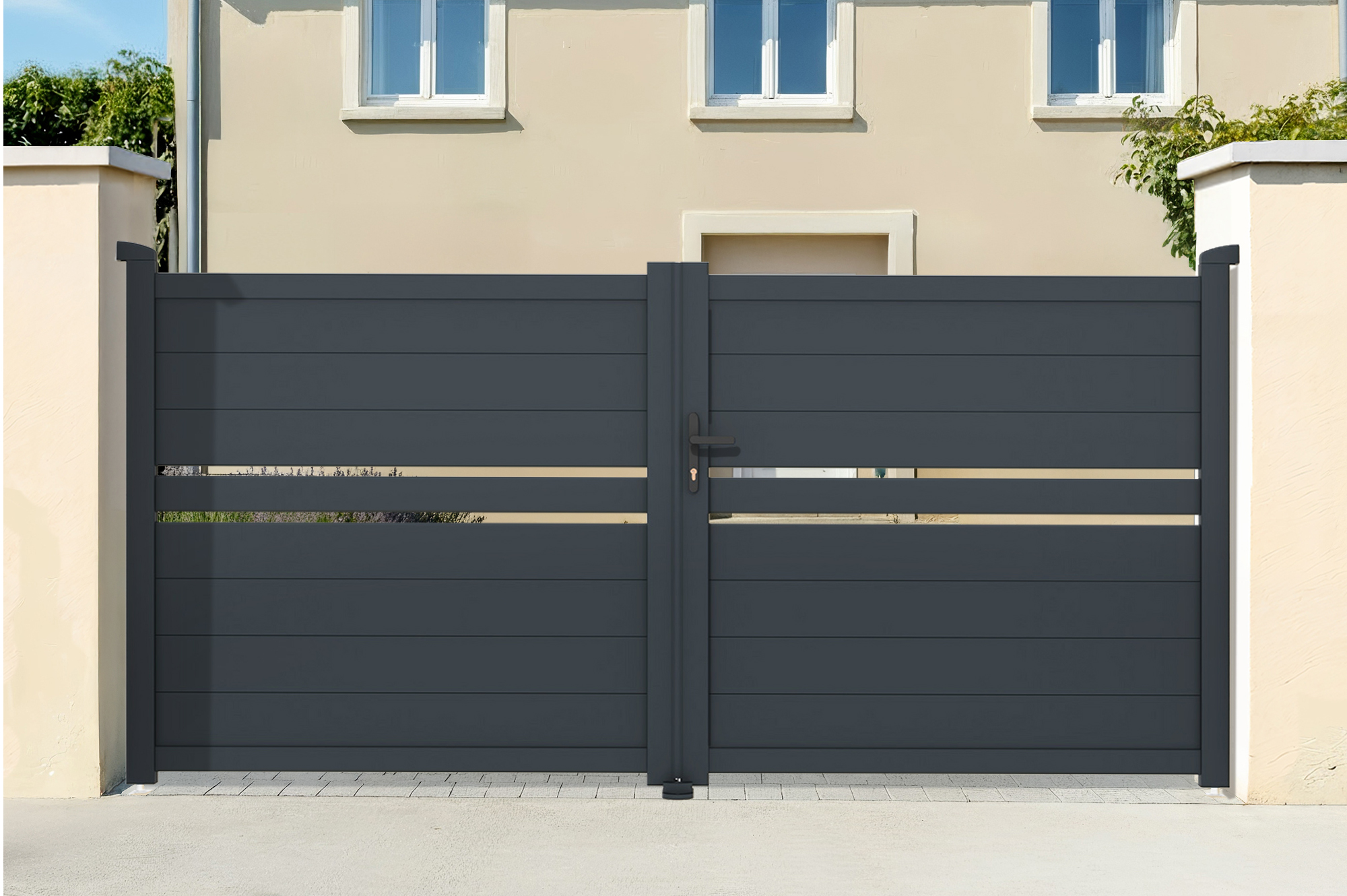 Puerta batiente exterior 4m CIMONE Alt.140 aluminio gris 1