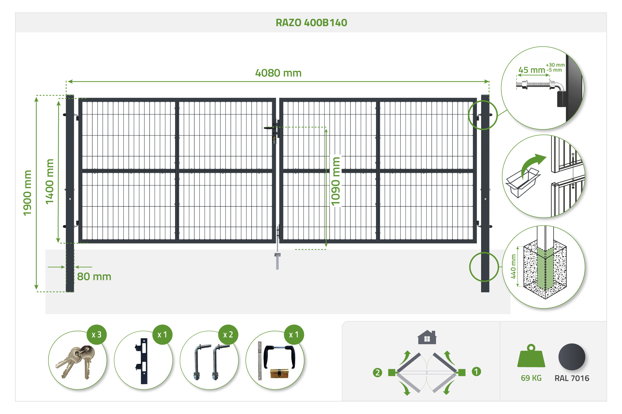Mesh gate 4m H.140cm RAZO + side gate 1m RAZO H.140cm grey 11