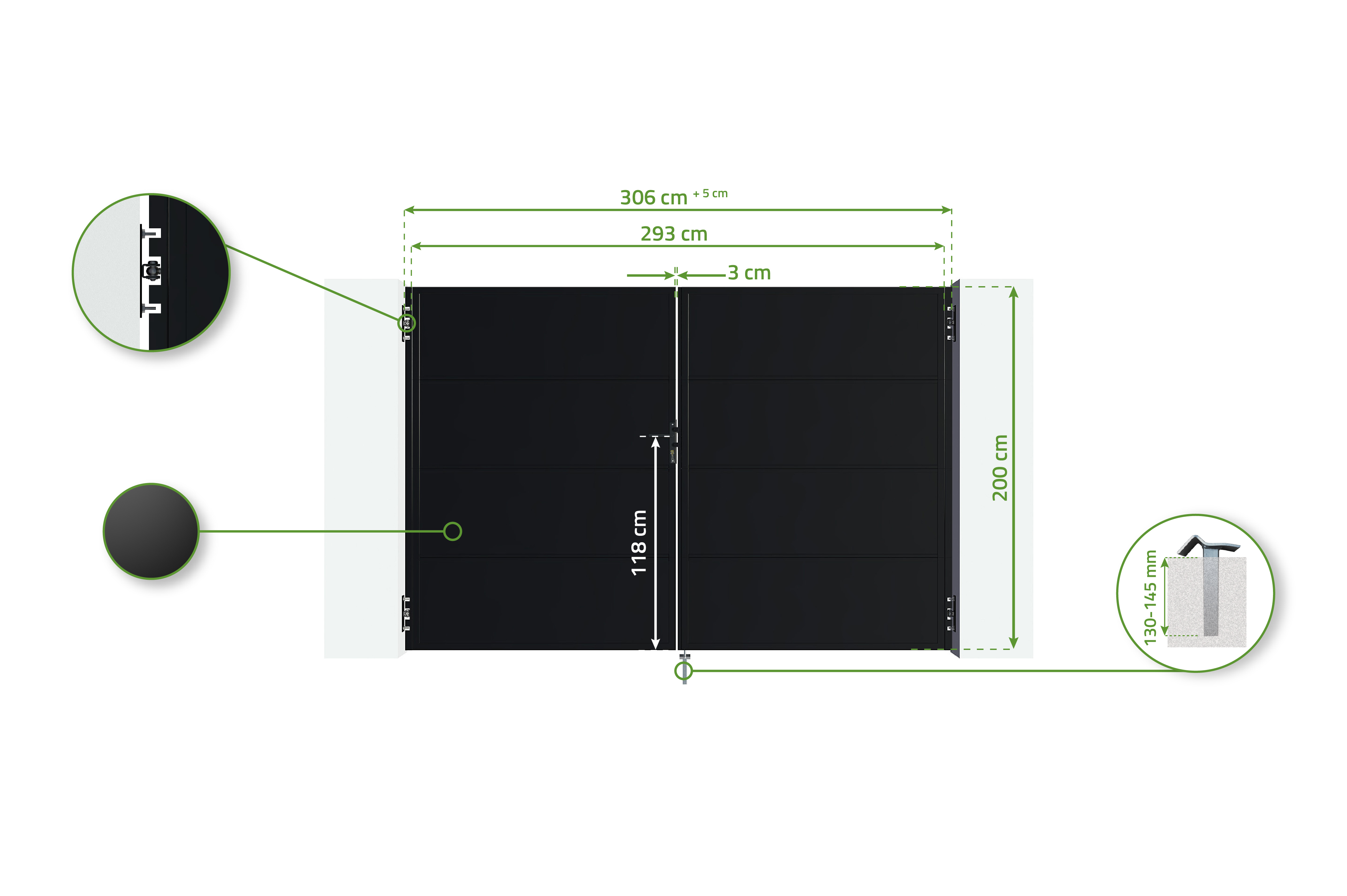 3m NALI H.200cm mat sort stål svingport 8