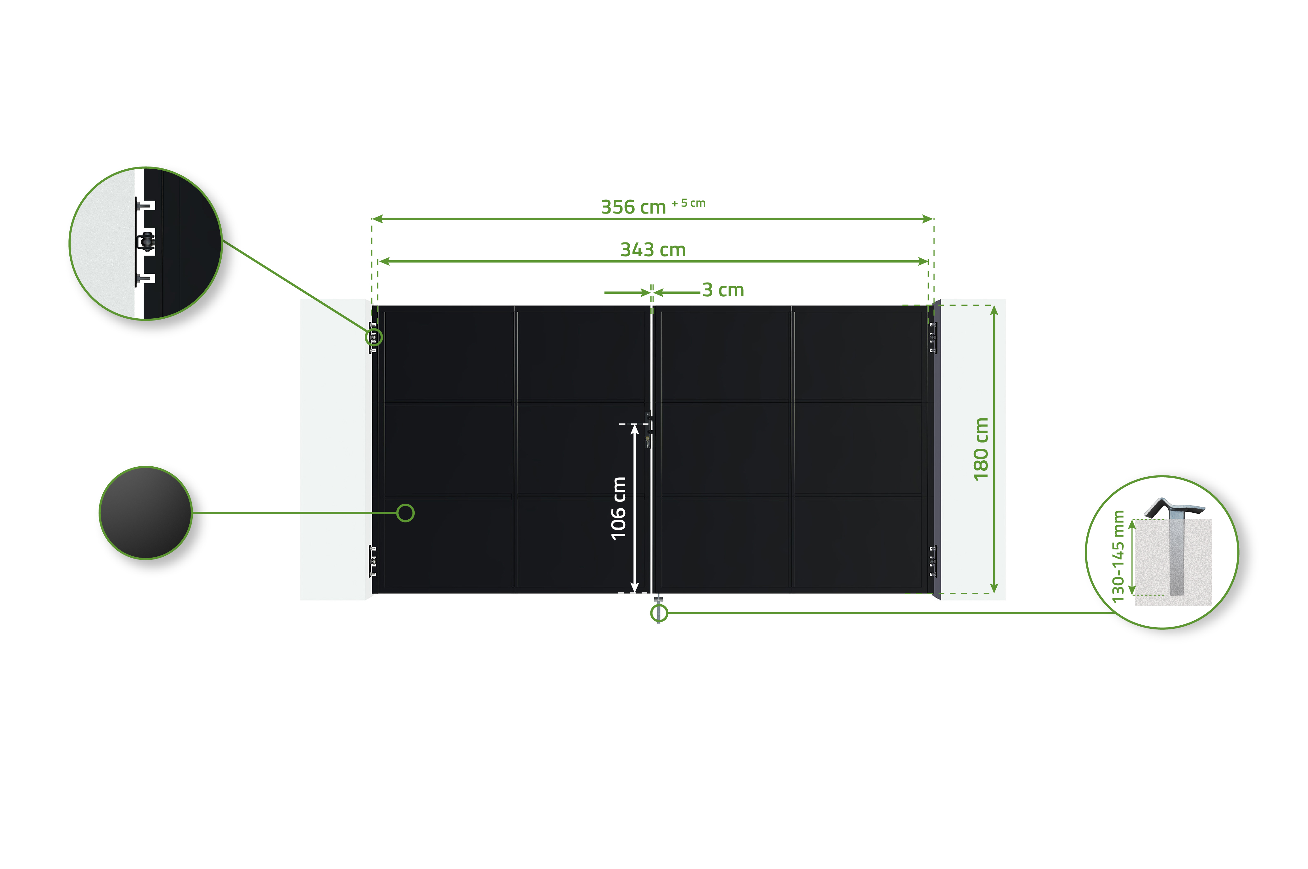 3,5M NALI tērauda veramie vārti H.180cm + 2 tērauda stabi 8