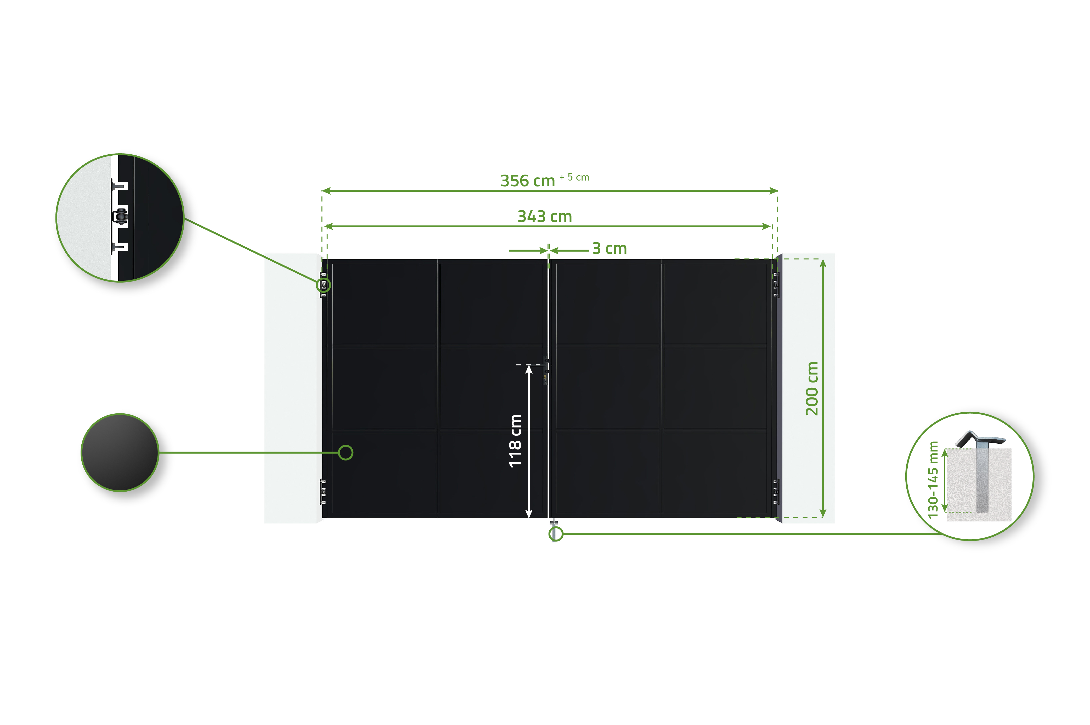 Puerta batiente 3,5m NALI H.200cm negra + puerta peatonal H.200cm 8
