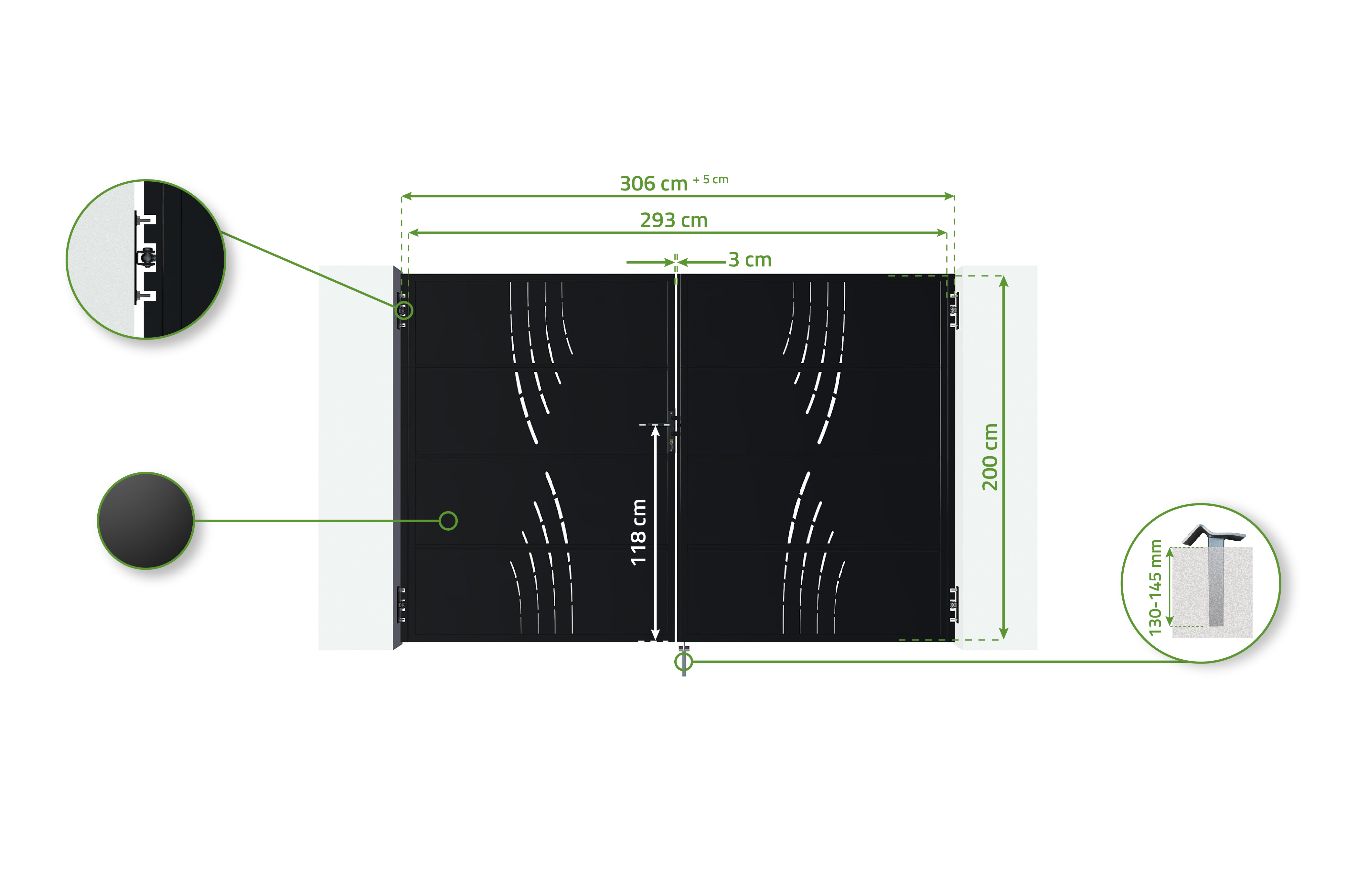 3m NALI VELETA H.200cm Stahl-Flügeltor + 2 Pfosten 7