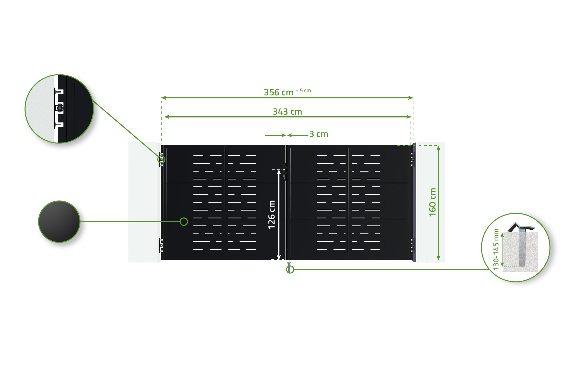 Oceľová krídlová brána NALI ARLBERG 3,5 m, výška 160 cm, matná čierna + 2 oceľové stĺpiky 7