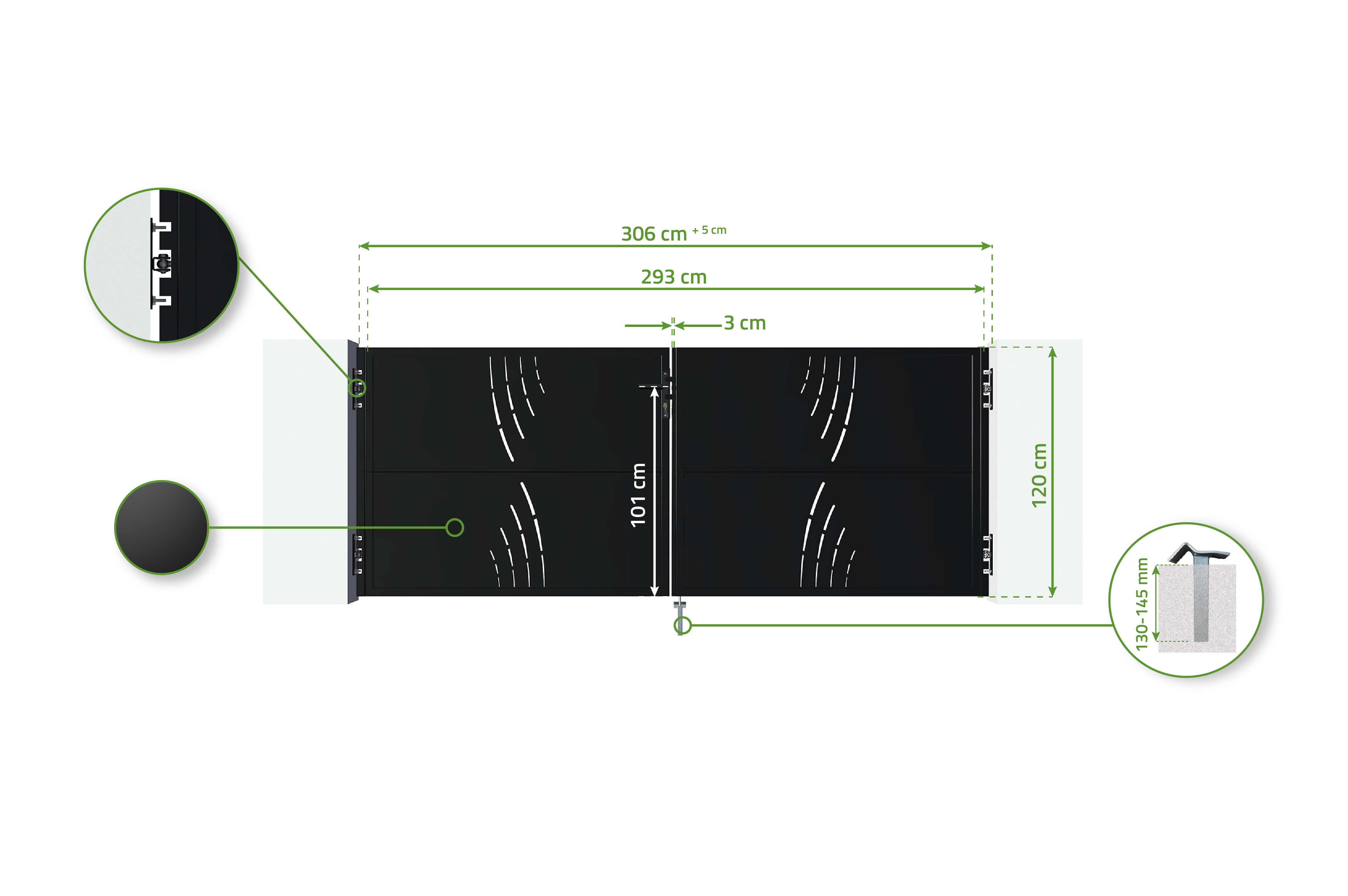 Poartă batantă din oțel 3m NALI VELETA H.120cm negru mat + 2 stâlpi din oțel 7