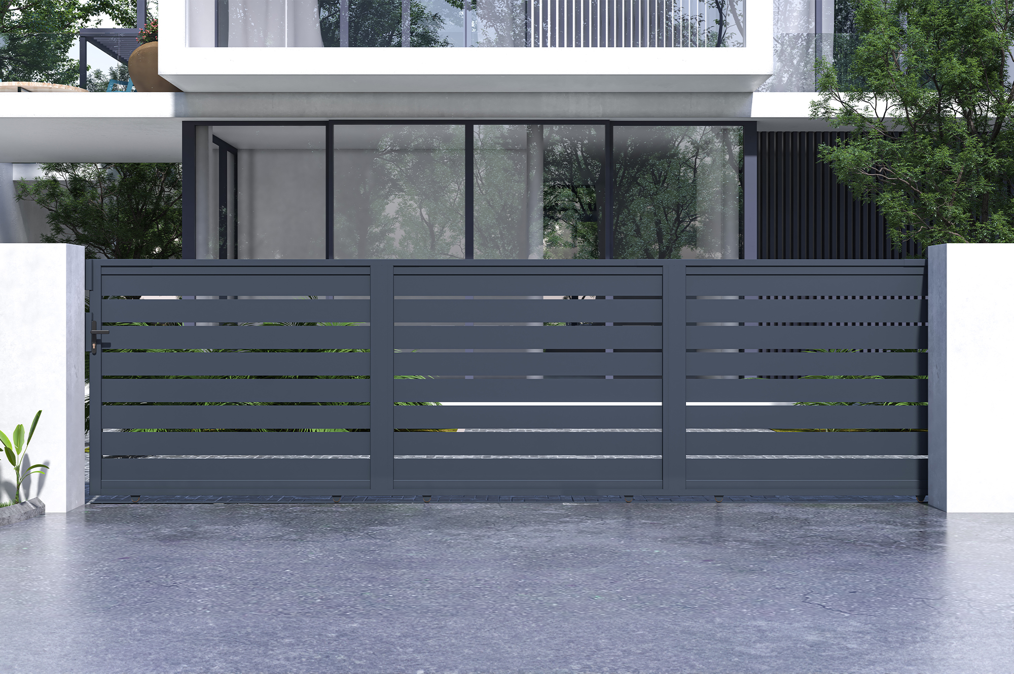 Portail coulissant 6m vogel H.160cm aluminium gris + Portillon Vogel H.160 gris 5