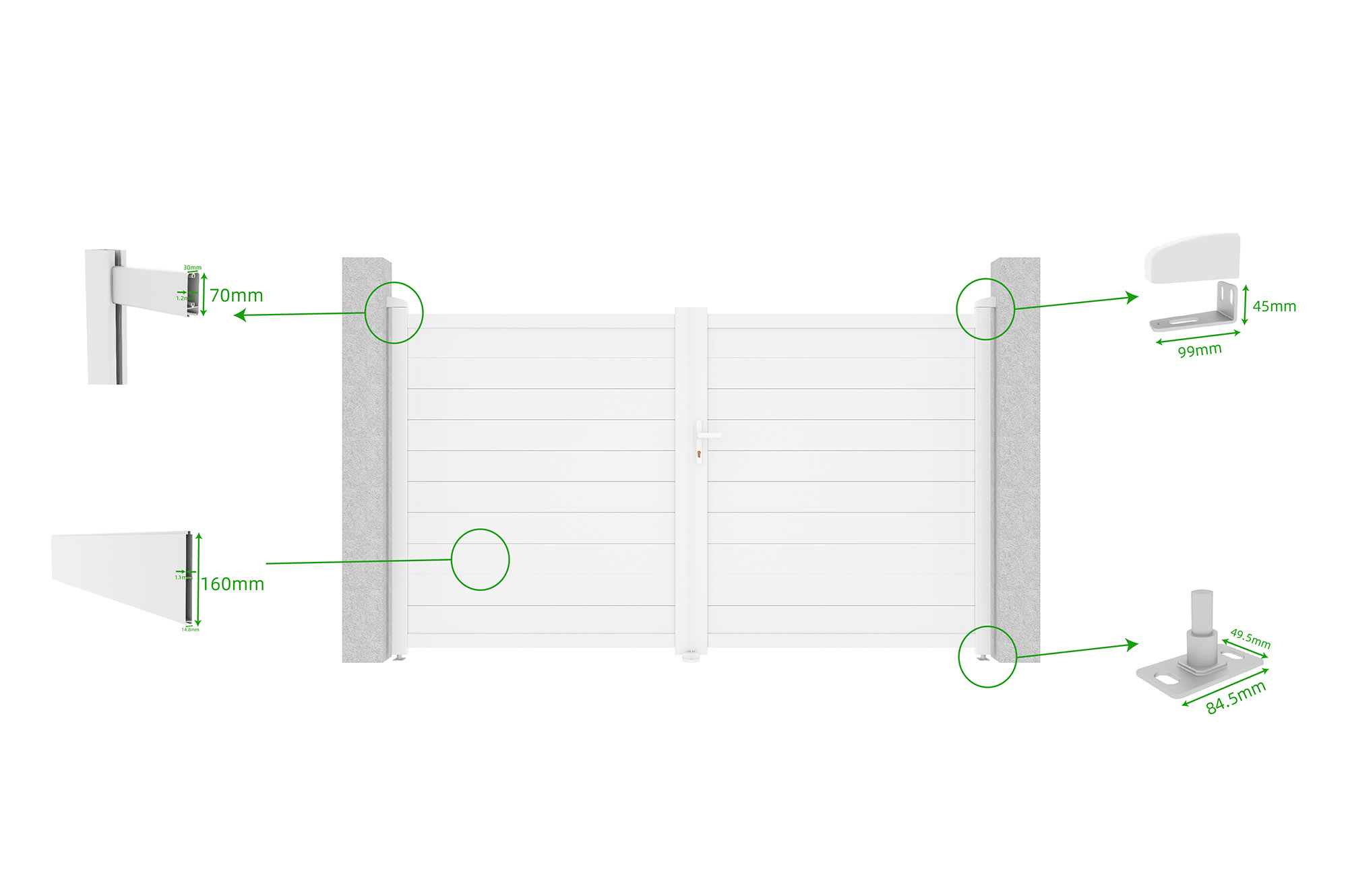 EIGER krilna vrata 3m V. 180cm + EIGER pješačka vrata 1m V. 180cm, bijeli aluminij 8
