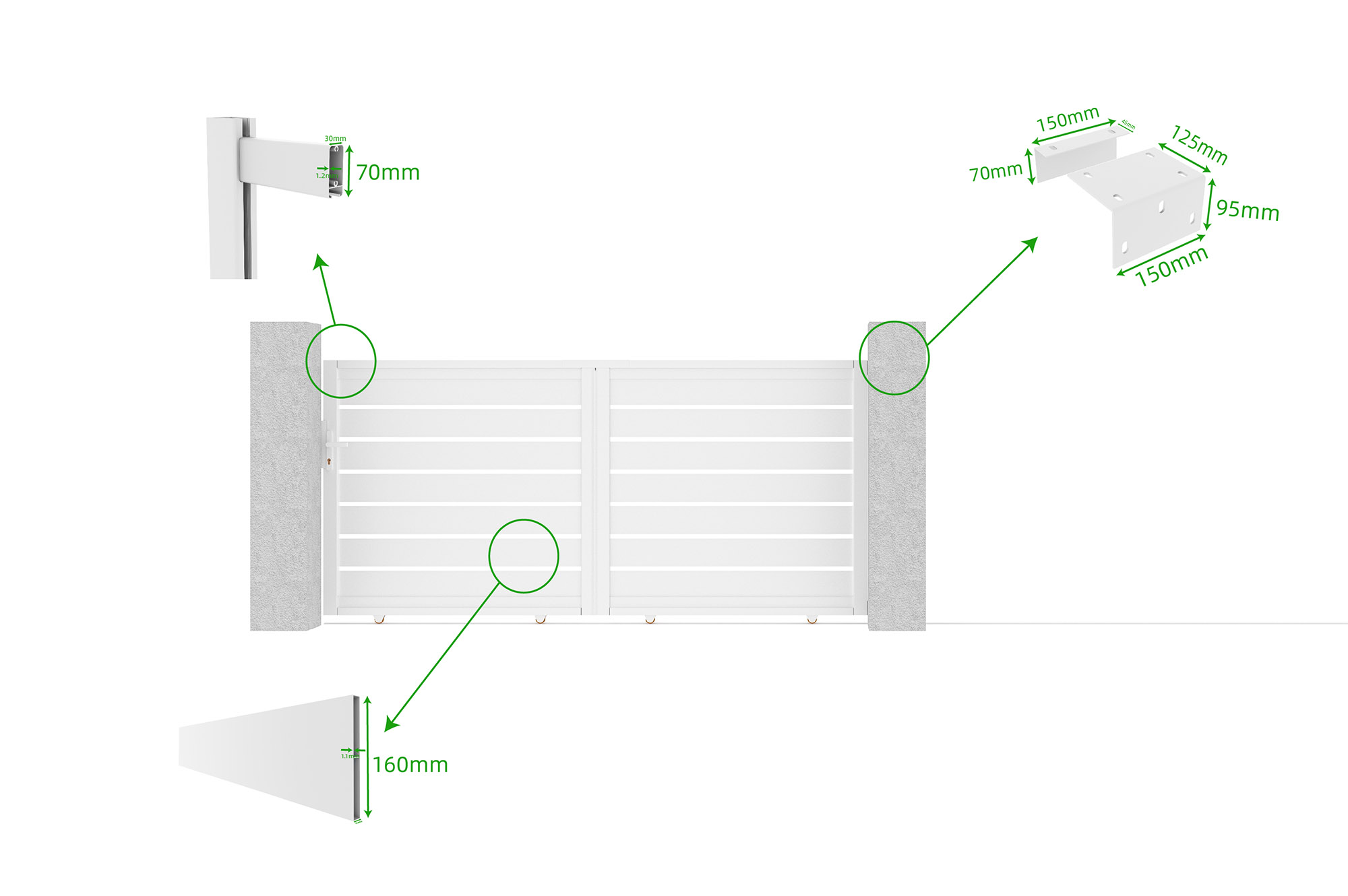 3 m VOGEL Schiebetor, 140 cm hoch, weißes Aluminium 7