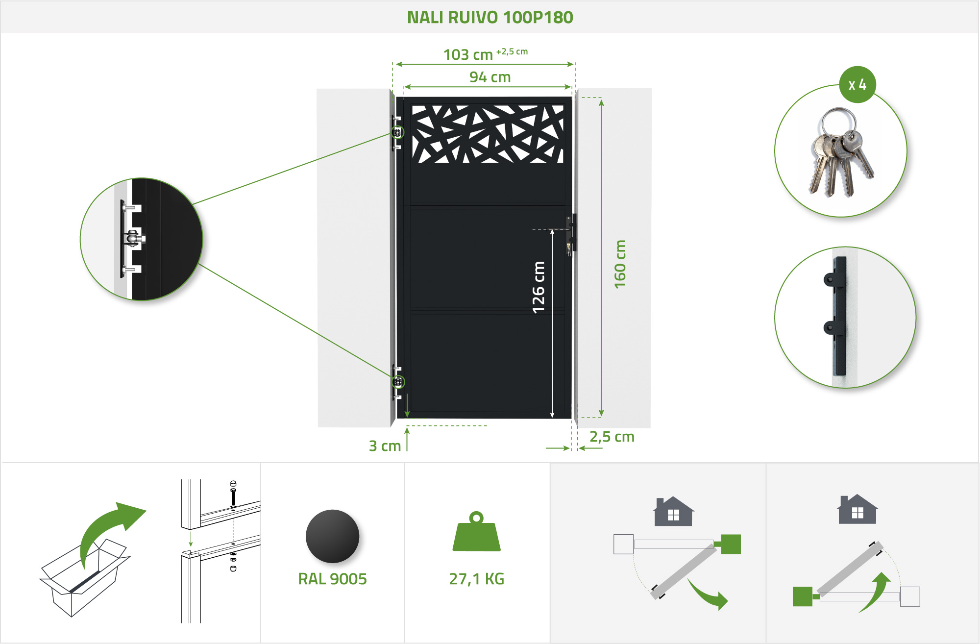 Stahltor 1 m NALI RUIVO H. 180 cm matt schwarz 5
