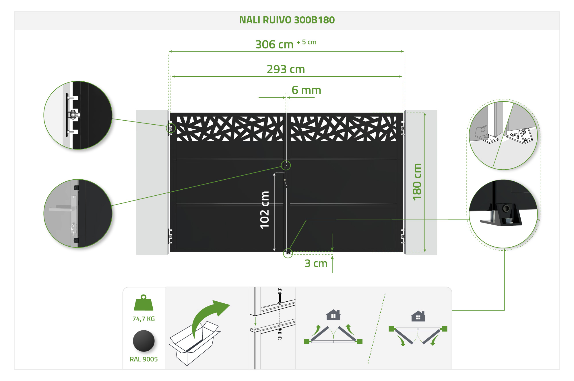 Ocelová branka NALI RUIVO, matná černá, 3 m, výška 180 cm 4