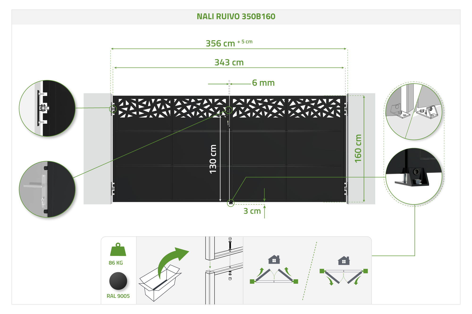Matiniai juodi plieniniai vartai 3,5 m NALI RUIVO aukštis 160 cm 4