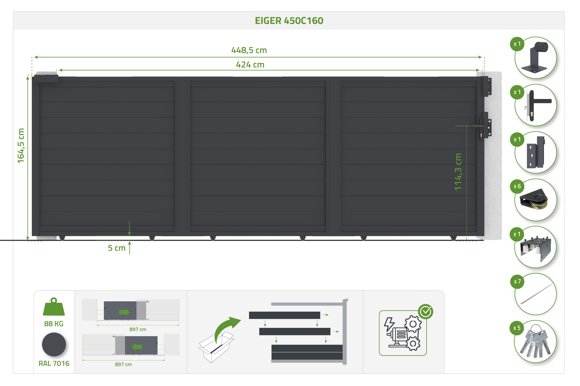 Cancello scorrevole EIGER 4,5 m, altezza 160 cm, alluminio grigio 7