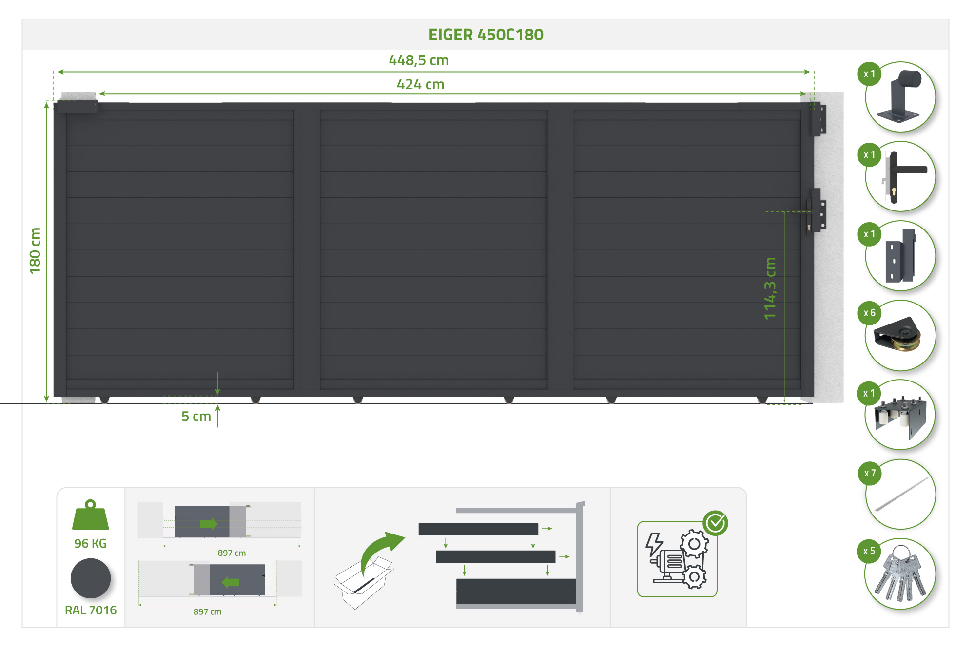 Cancello scorrevole EIGER 4,5 m, altezza 180 cm, alluminio grigio 6