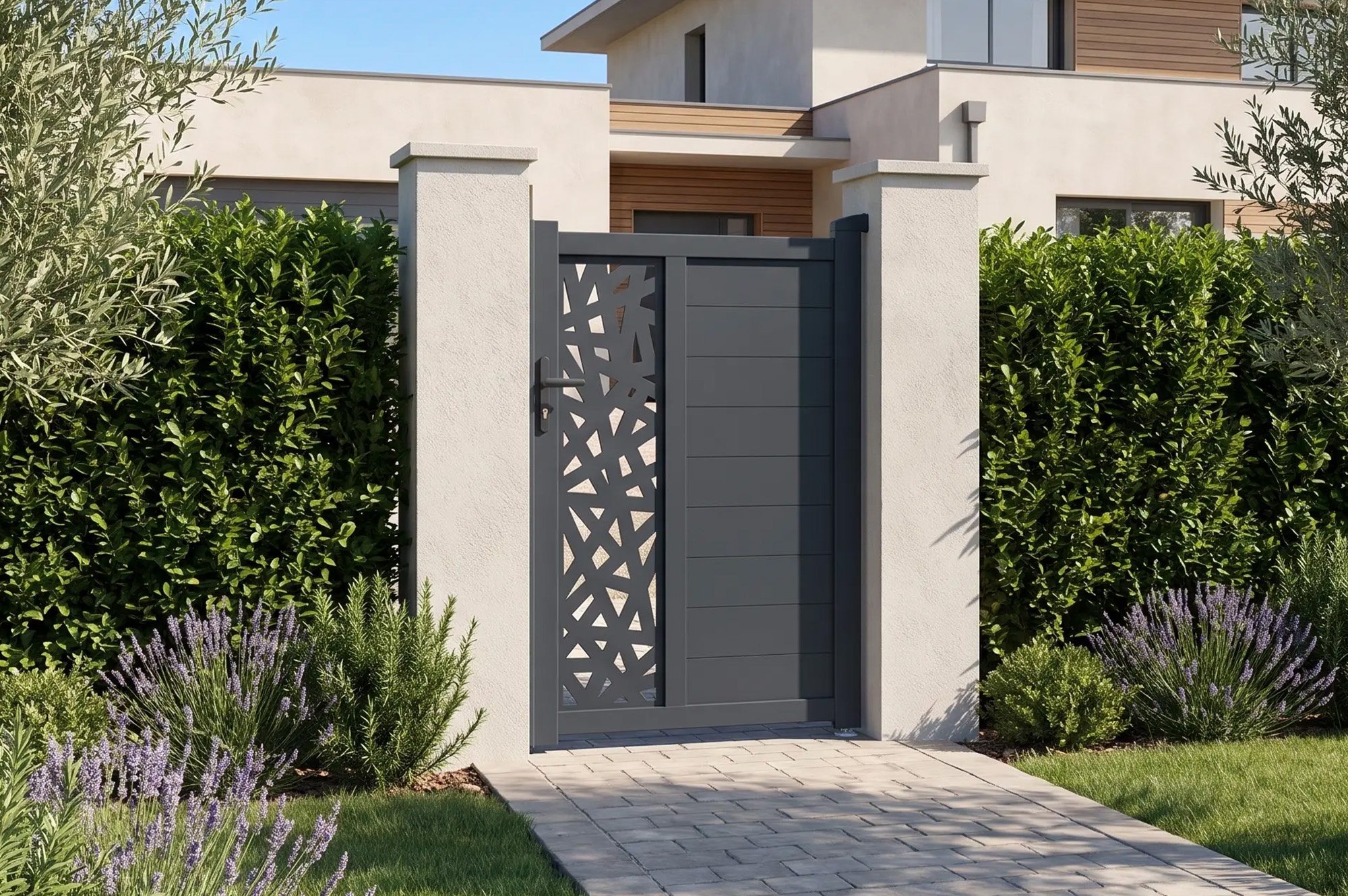 3.5m RUIVO sliding gate, 160cm high, grey aluminum + 1m RUIVO pedestrian gate, 160cm high + 4 posts + Ranger C300 motor 17