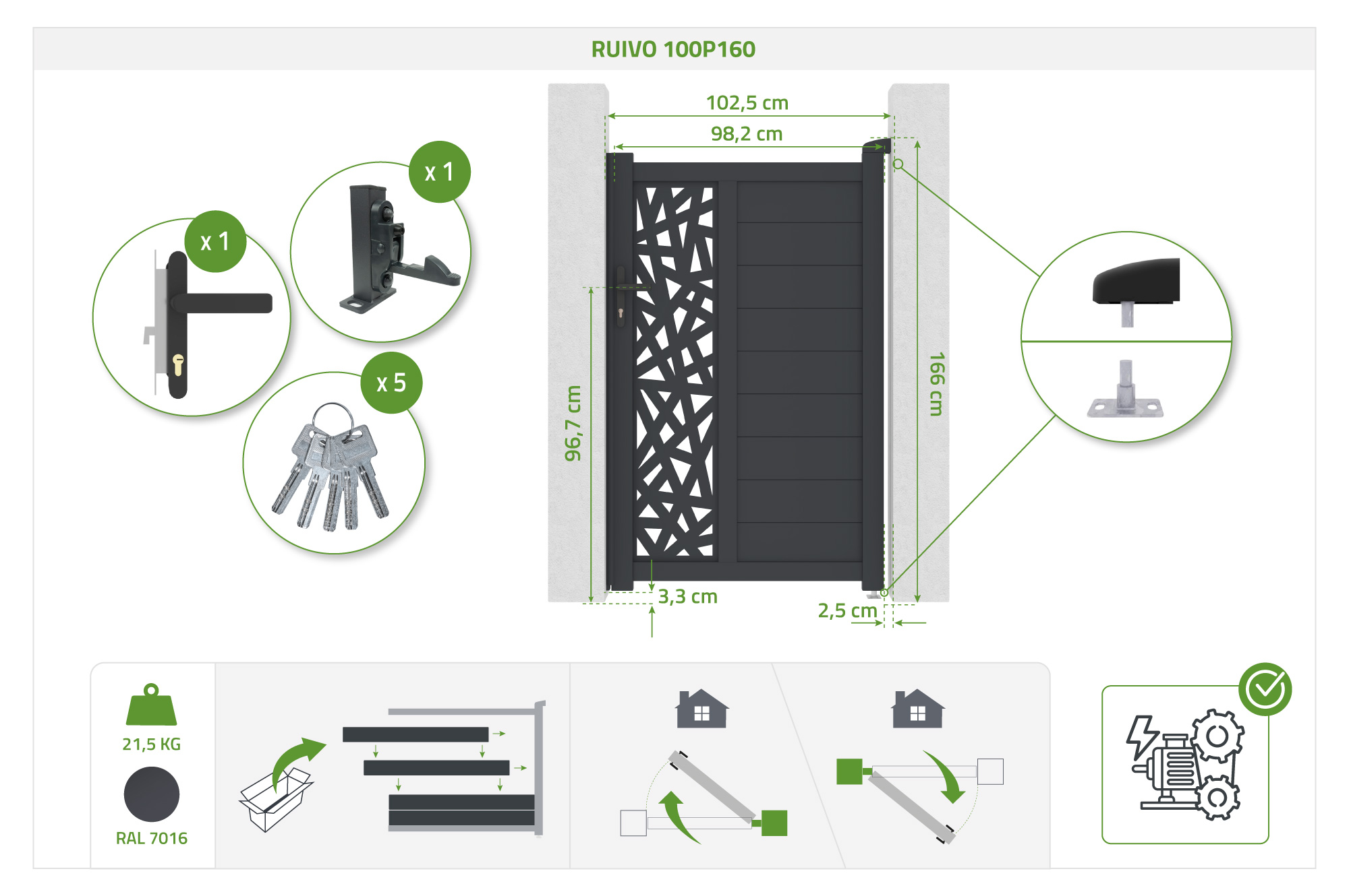 Portão de correr 4m RUIVO Alt.160cm + 1m portão RUIVO Alt.160cm alumínio cinza 17
