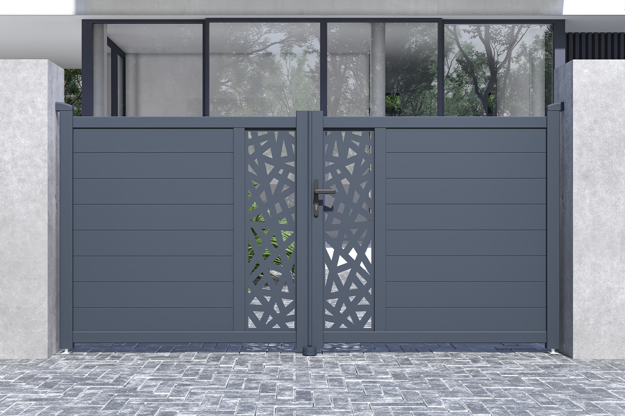 Draaipoort 3m RUIVO H.140cm grijs aluminium + 2 palen 20x20cm H.166cm 10