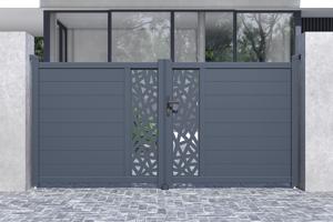 Portail battant 3m RUIVO H.140cm alu gris + 2 poteaux 15x15cm H.166cm 10