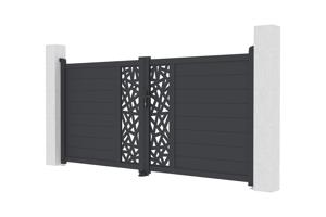 Portail battant 3m RUIVO H.140cm alu gris + 2 poteaux 15x15cm H.166cm 3