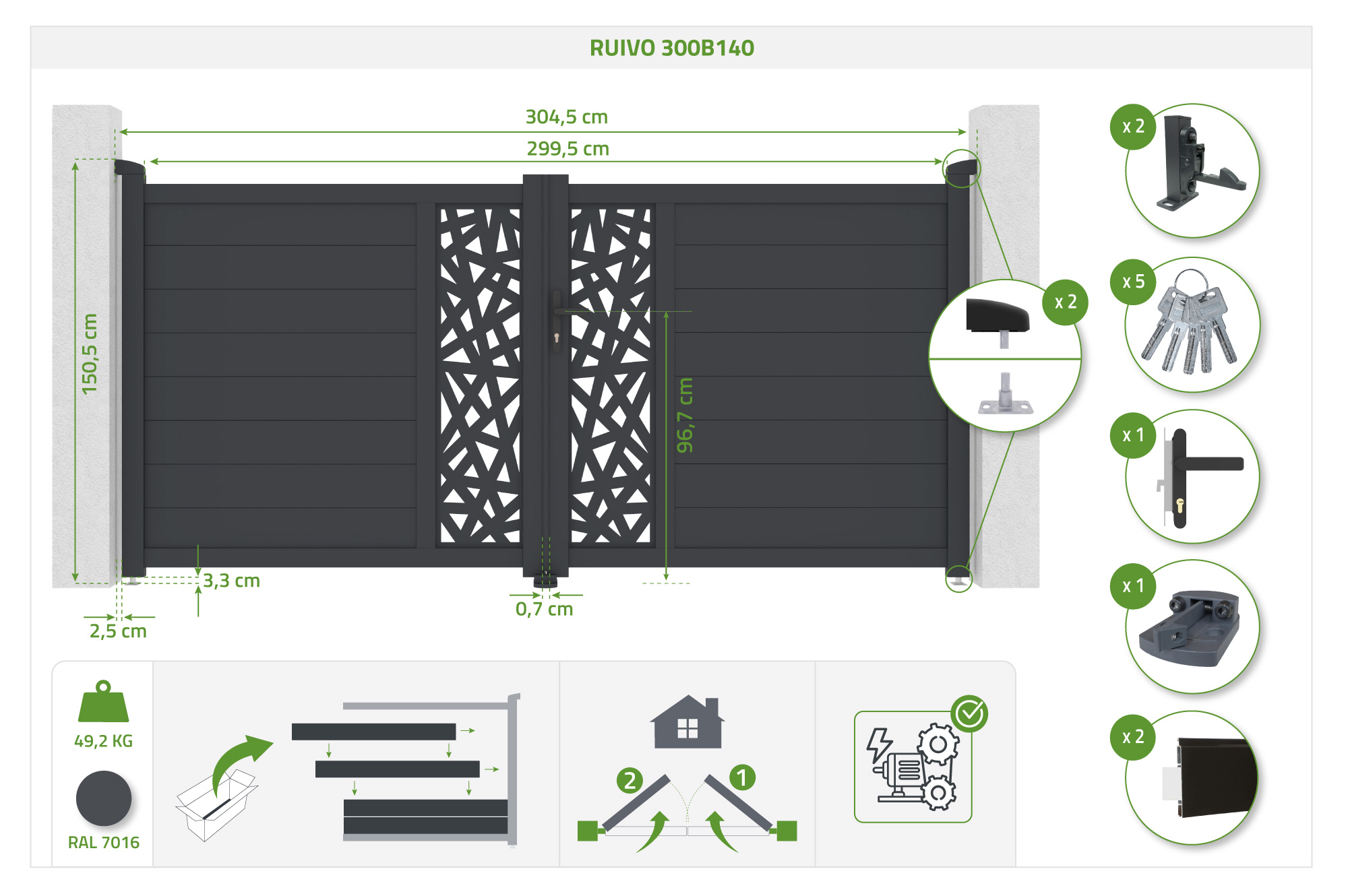 Brama skrzydłowa 3m RUIVO wys. 140cm szara aluminiowa 5