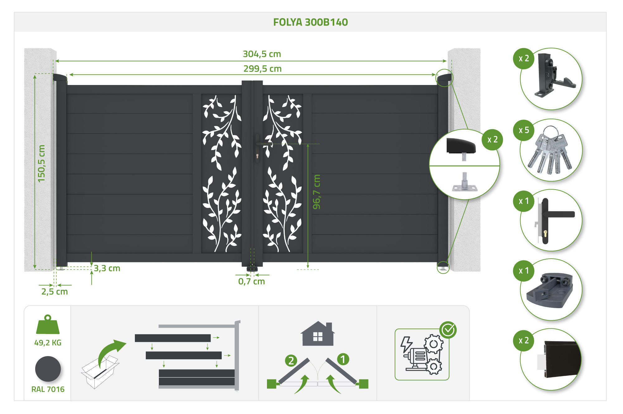 Veramie vārti 3m FOLYA augstums 140cm pelēks alumīnijs 5