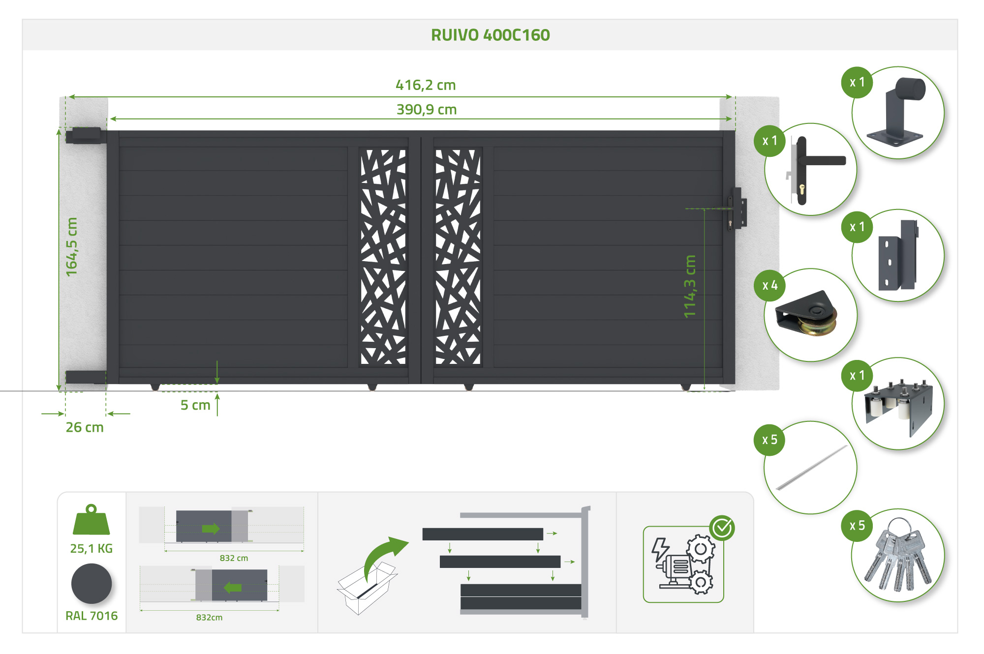 Brama przesuwna RUIVO 4m, wysokość 160cm, szare aluminium 6