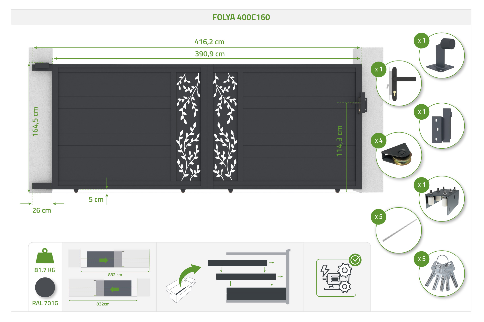 Brama przesuwna FOLYA 4m, wysokość 160cm, szare aluminium 6