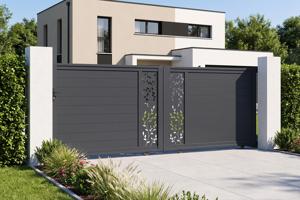4m FOLYA sliding gate, 160cm high, grey aluminum + 4 posts + 1m FOLYA pedestrian gate, 160cm high + Ranger C300 motor 7