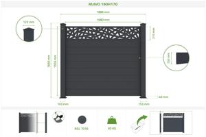 Staketpanel 1,9m RUIVO H.170cm grå aluminium 5