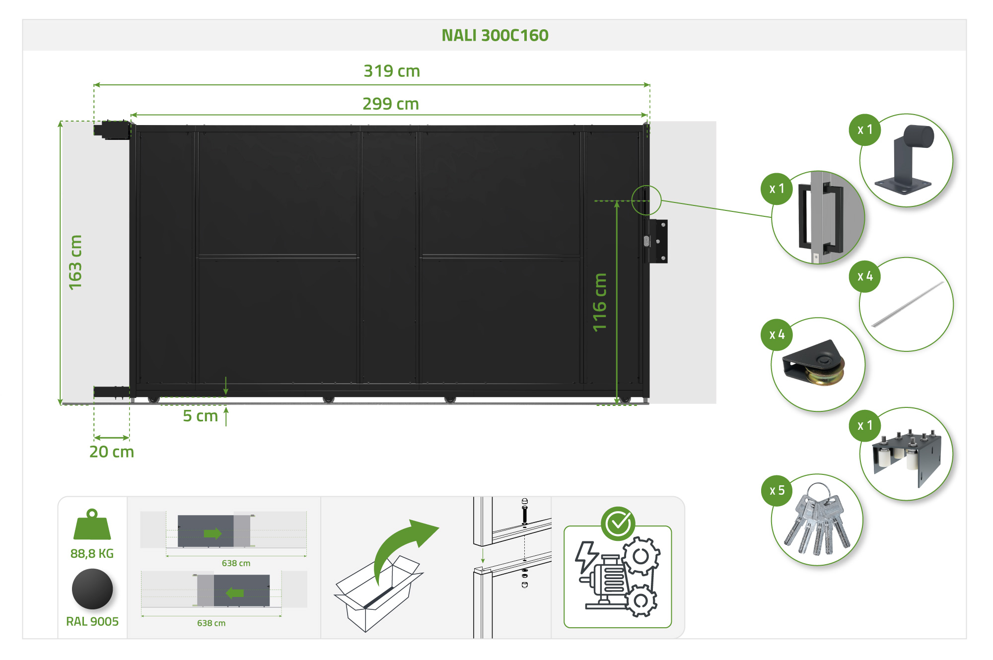 Oceľová posuvná brána NALI 3m, výška 160 cm, čierna 4
