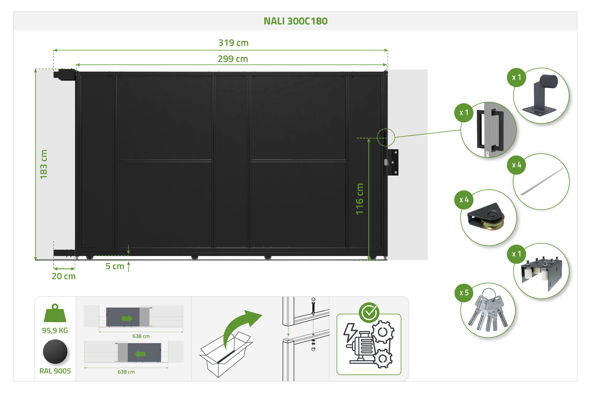 Oceľová posuvná brána NALI 3m, výška 180 cm, čierna 4