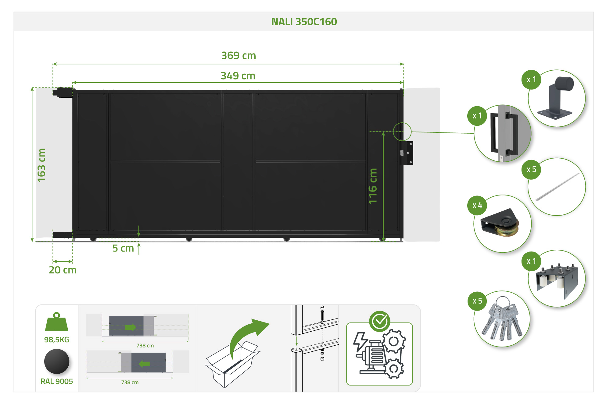 NALI 3,5 m-es acél tolókapu, 160 cm magas, fekete 4