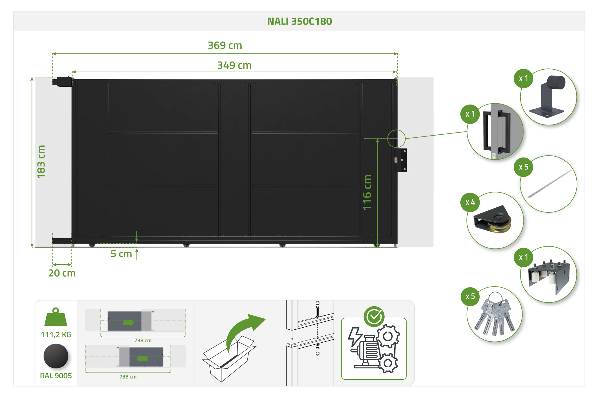 NALI 3,5m skjutgrind i stål, 180 cm hög, svart 4