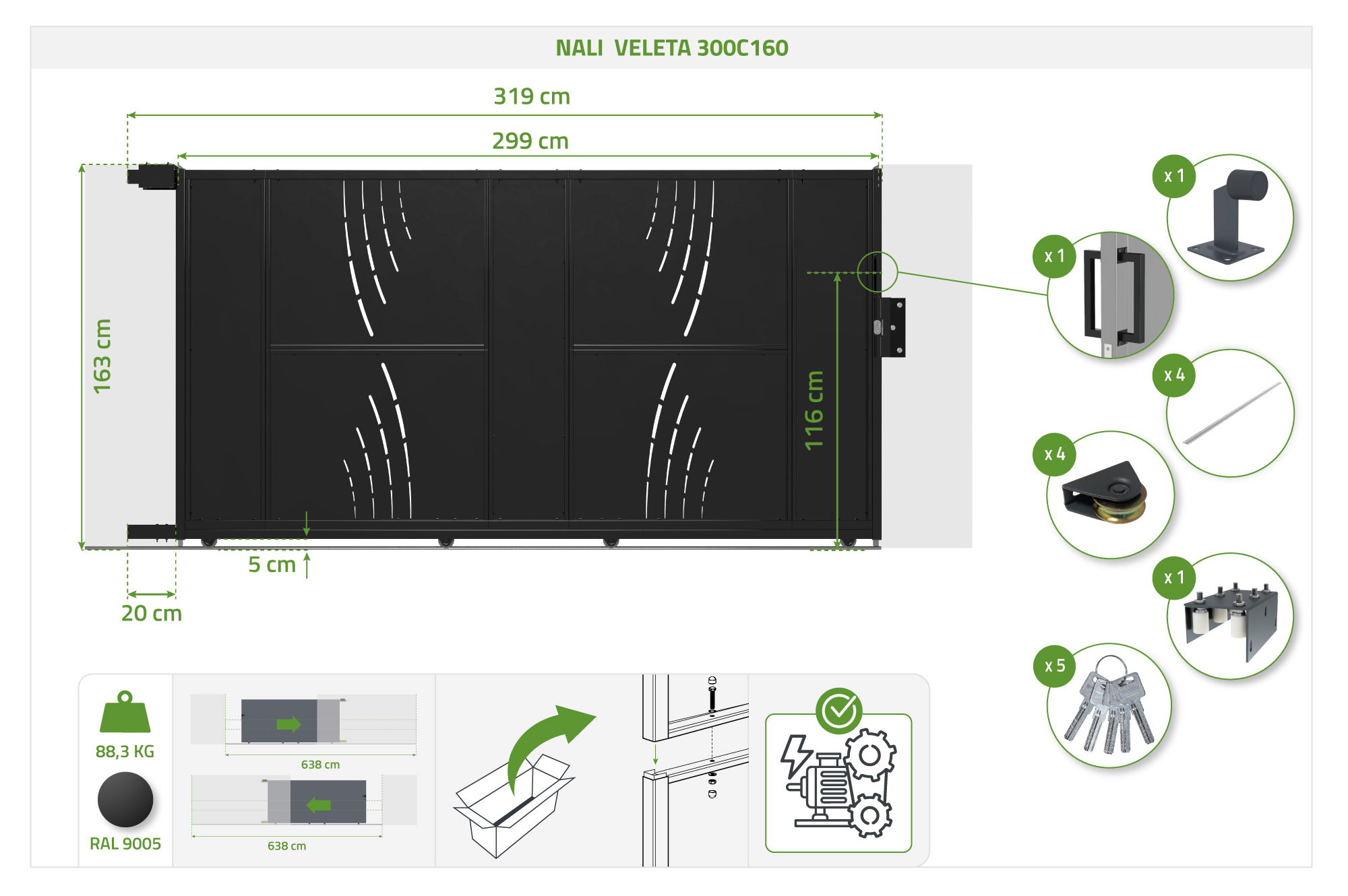Oceľová posuvná brána NALI VELETA 3 m, výška 160 cm, čierna 4