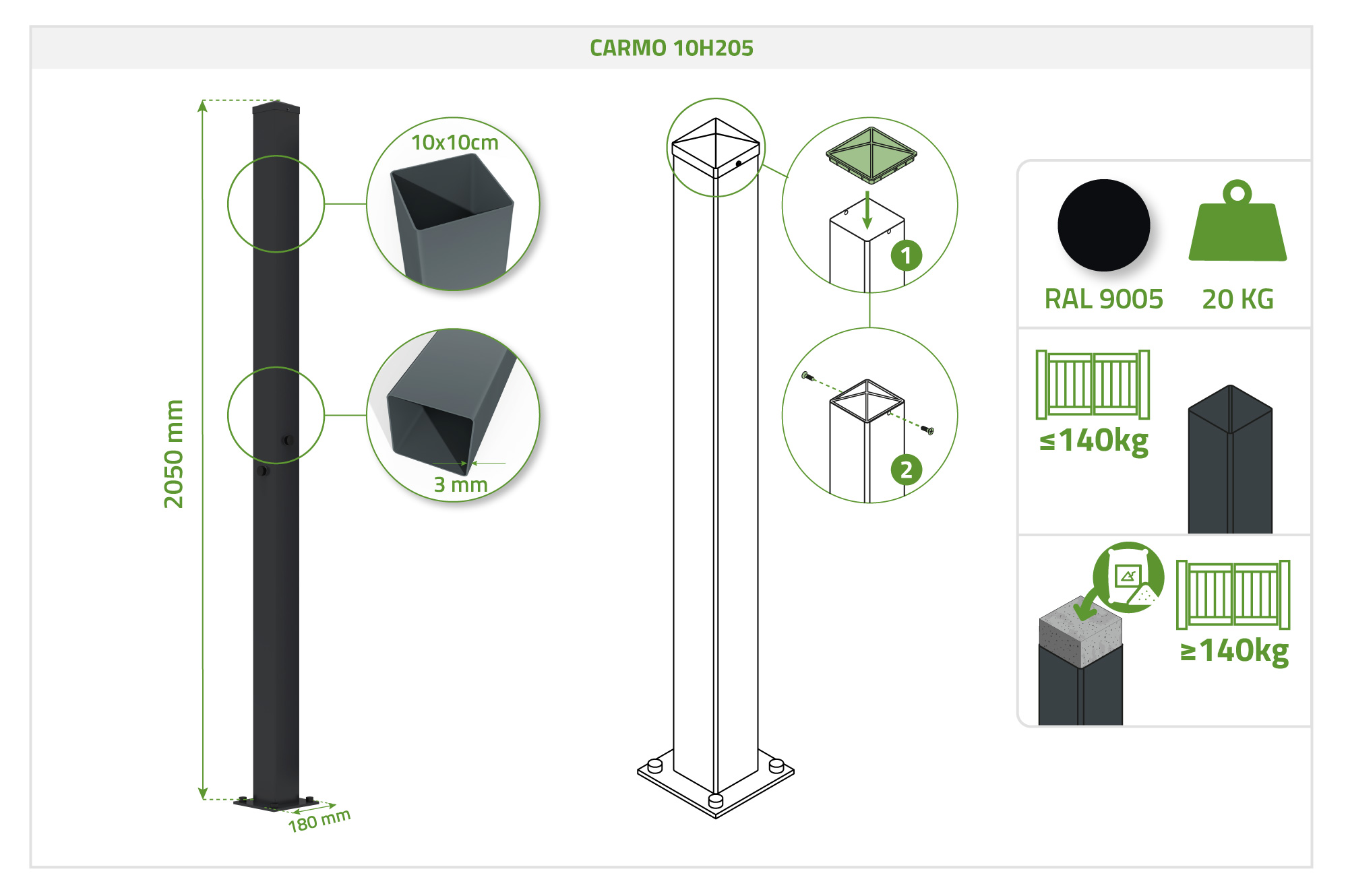 NALI ARLBERG 3m Matte Black Steel Swing Gate (H.200cm) + 2 CARMO 10x10 Steel Posts 4