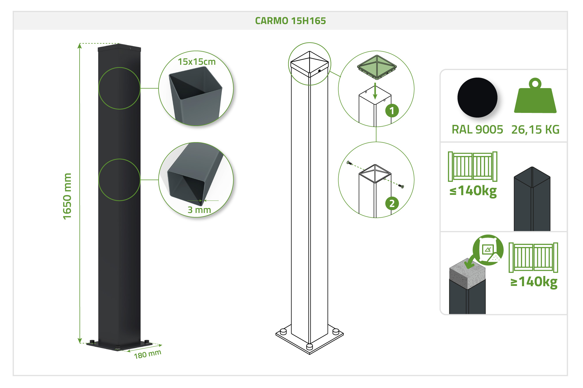 NALI 3m jeklena drsna vrata, višina 160 cm, črna + 2 CARMO črna jeklena stebra 15x15 cm 13