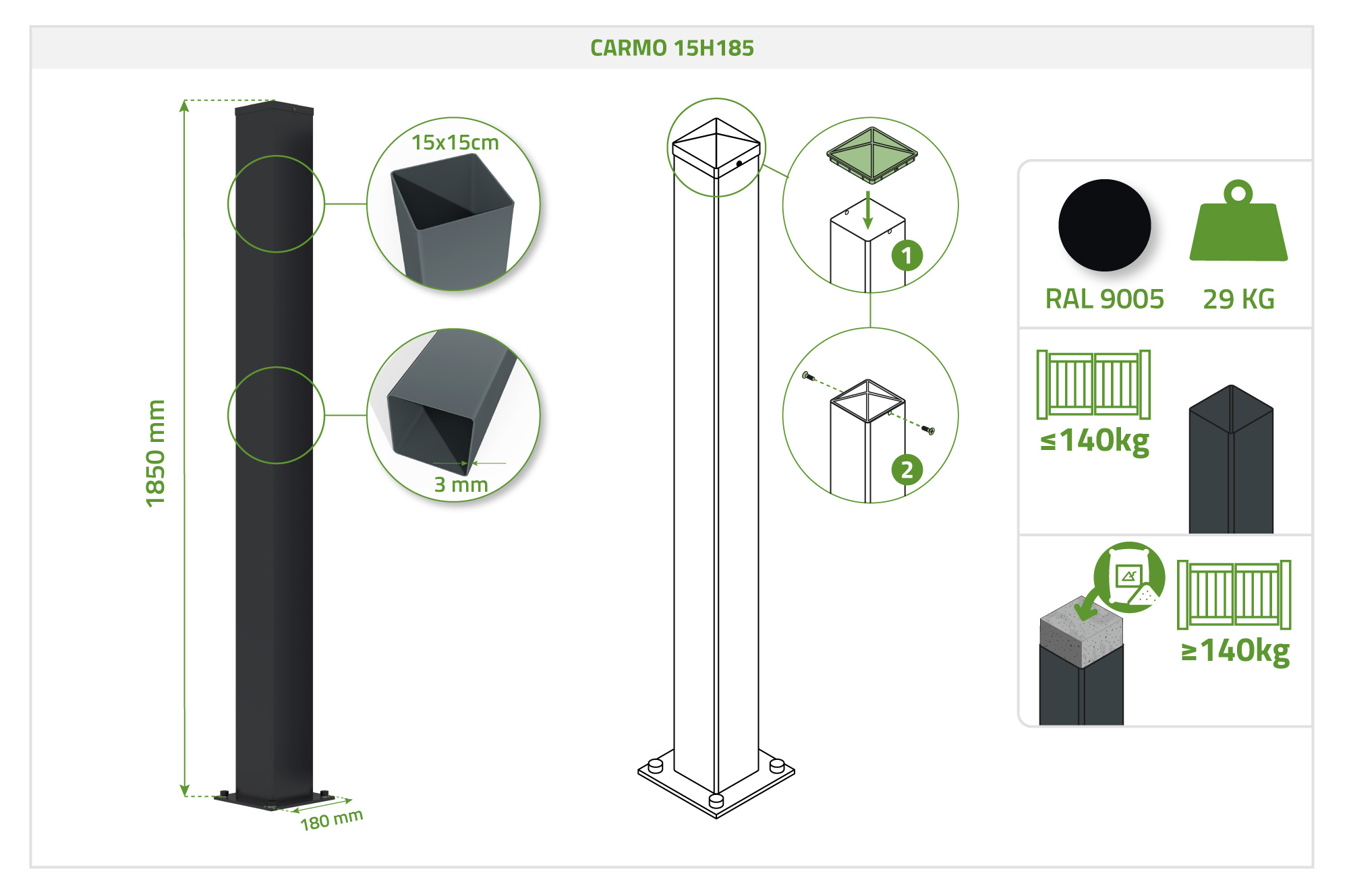 NALI 3m Steel Sliding Gate, 180cm High, Black + 2 CARMO 15x15cm Black Steel Posts 13