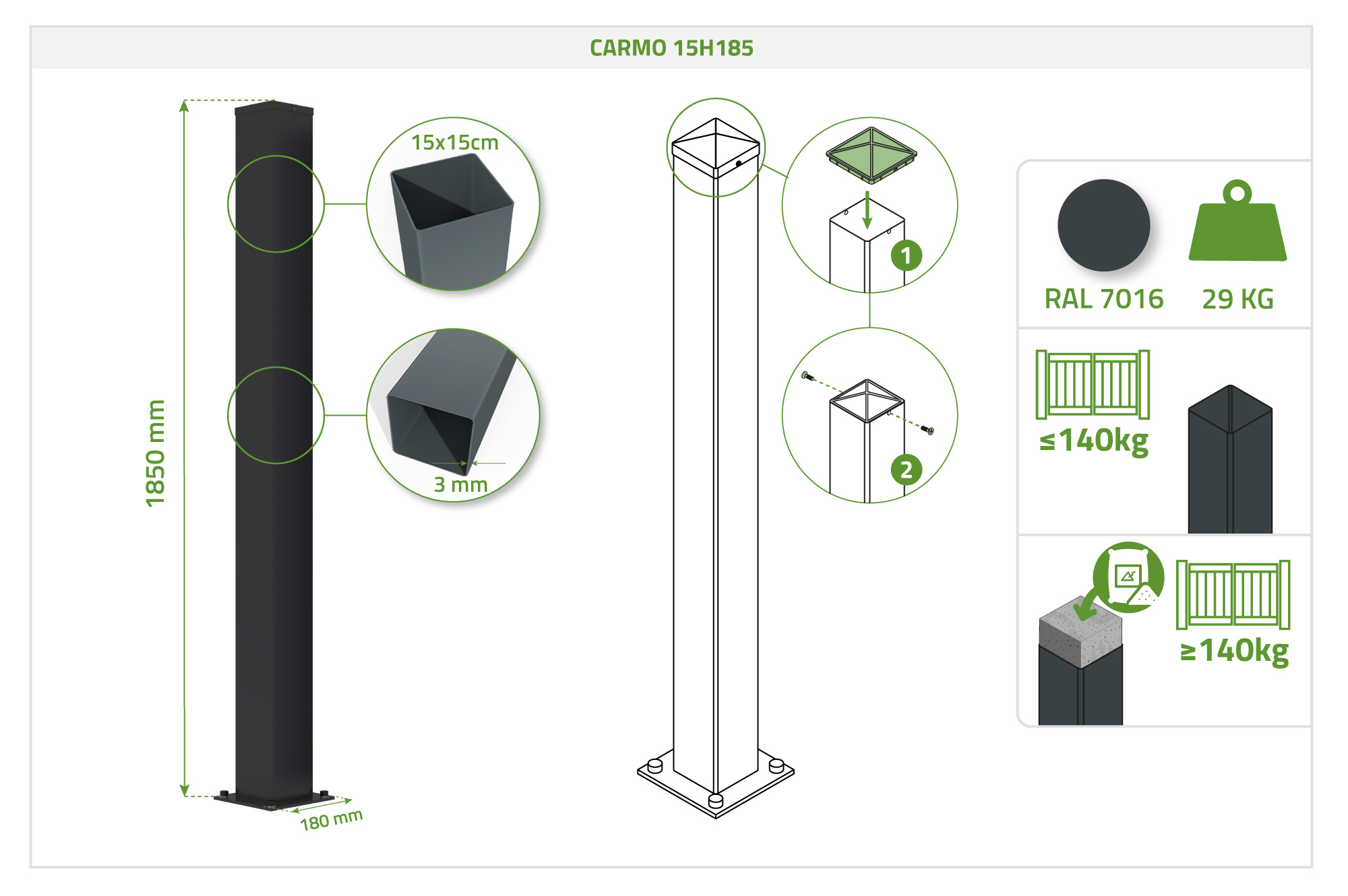 Set de 2 stâlpi de fier CARMO 15x15cm H.185cm negru 4