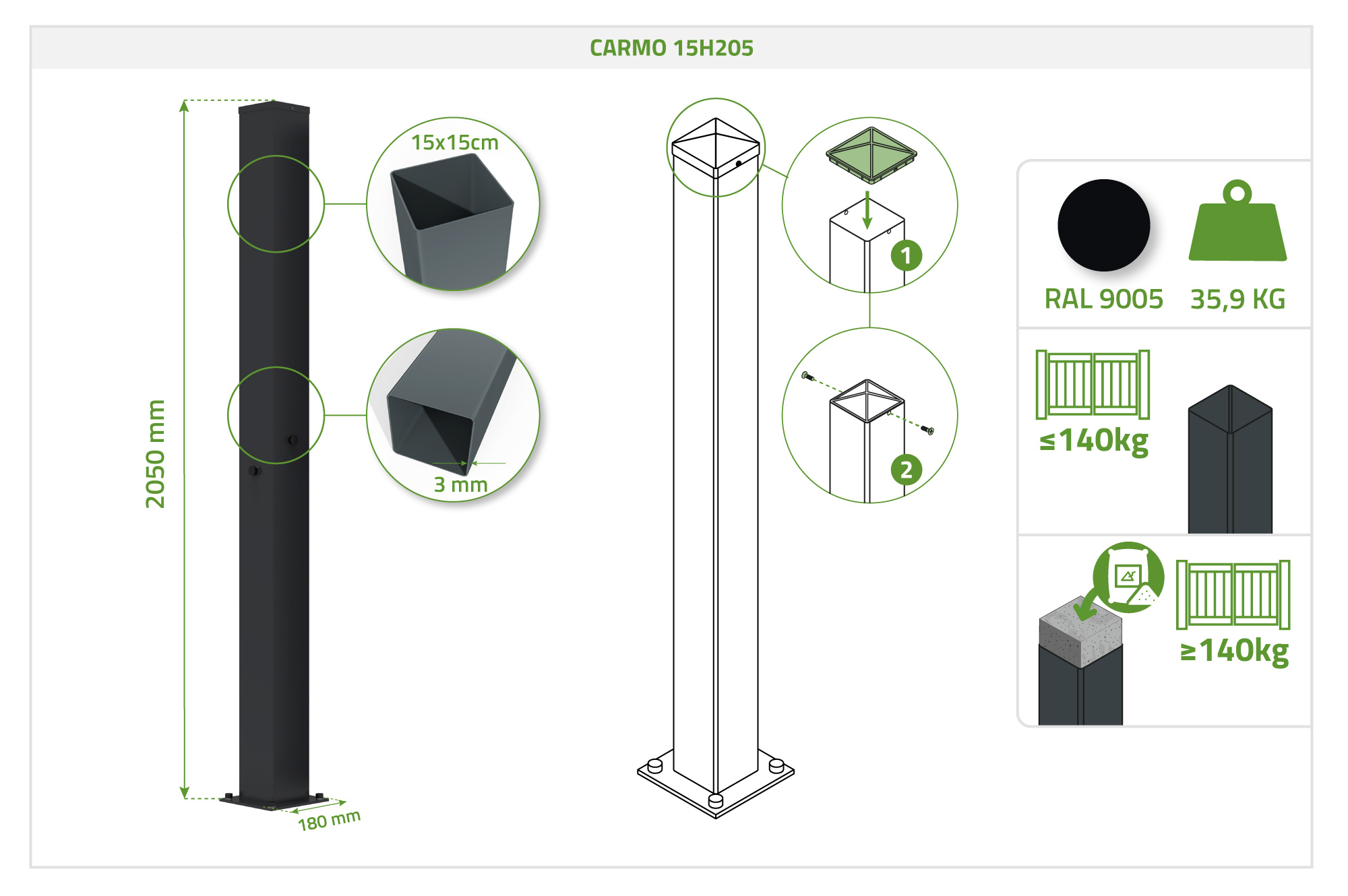Set di 2 pali in ferro CARMO 15x15cm H.205cm neri 4