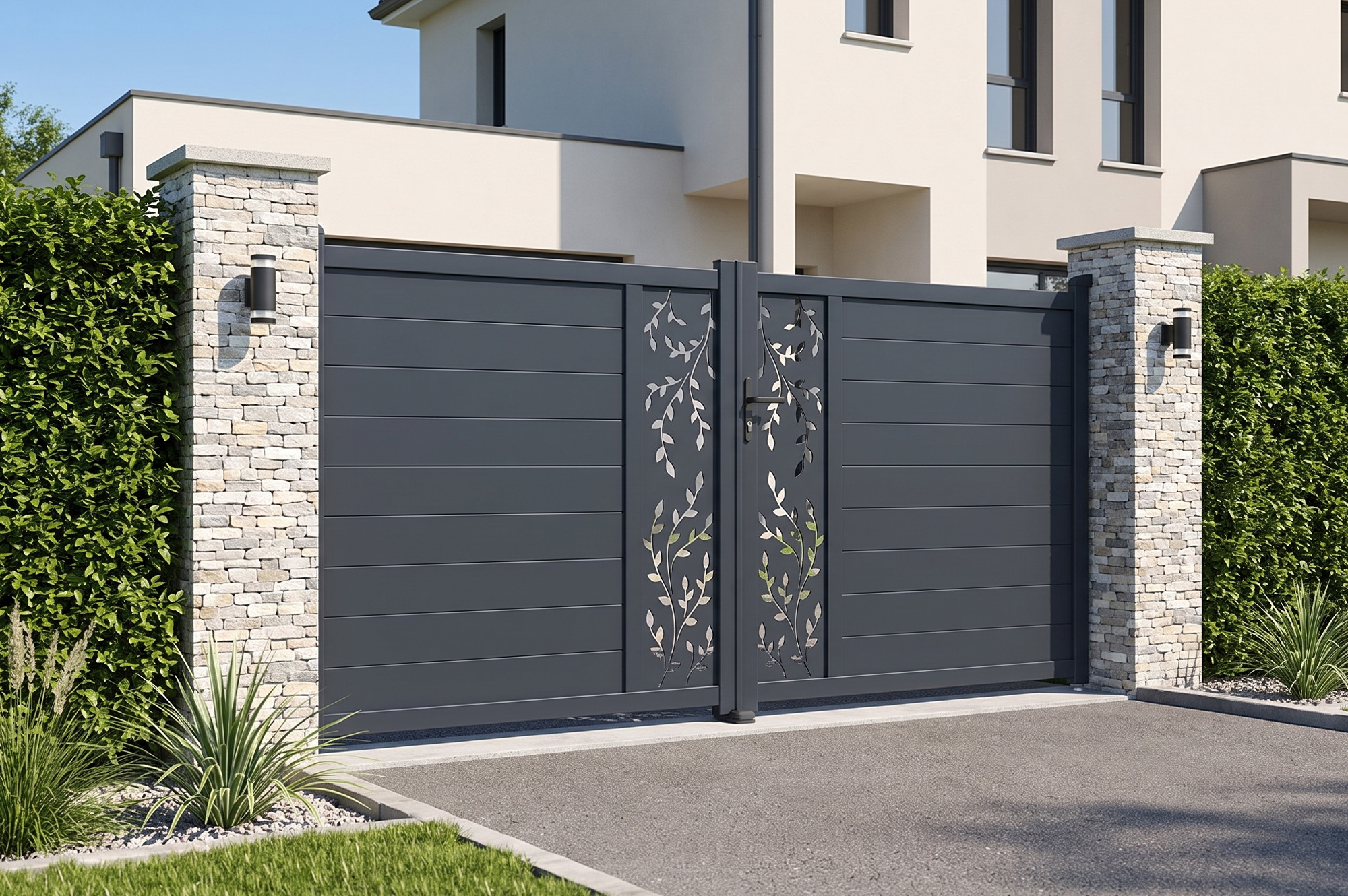 Portail battant 3,5m FOLYA H.160cm aluminium gris + 2 poteaux ELDA 15x15cm 6