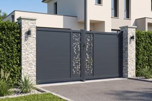 Portail battant 3,5m FOLYA H.160cm aluminium gris + 2 poteaux ELDA 15x15cm 6