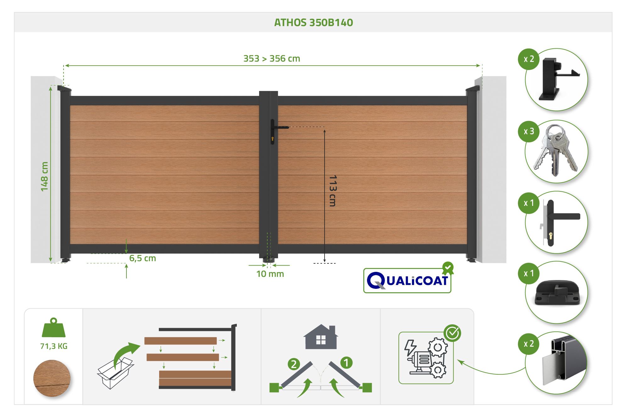 Cancello a battente ATHOS in legno massello composito, altezza 3,5 m (140 cm), colore teak, con telaio in alluminio. 5