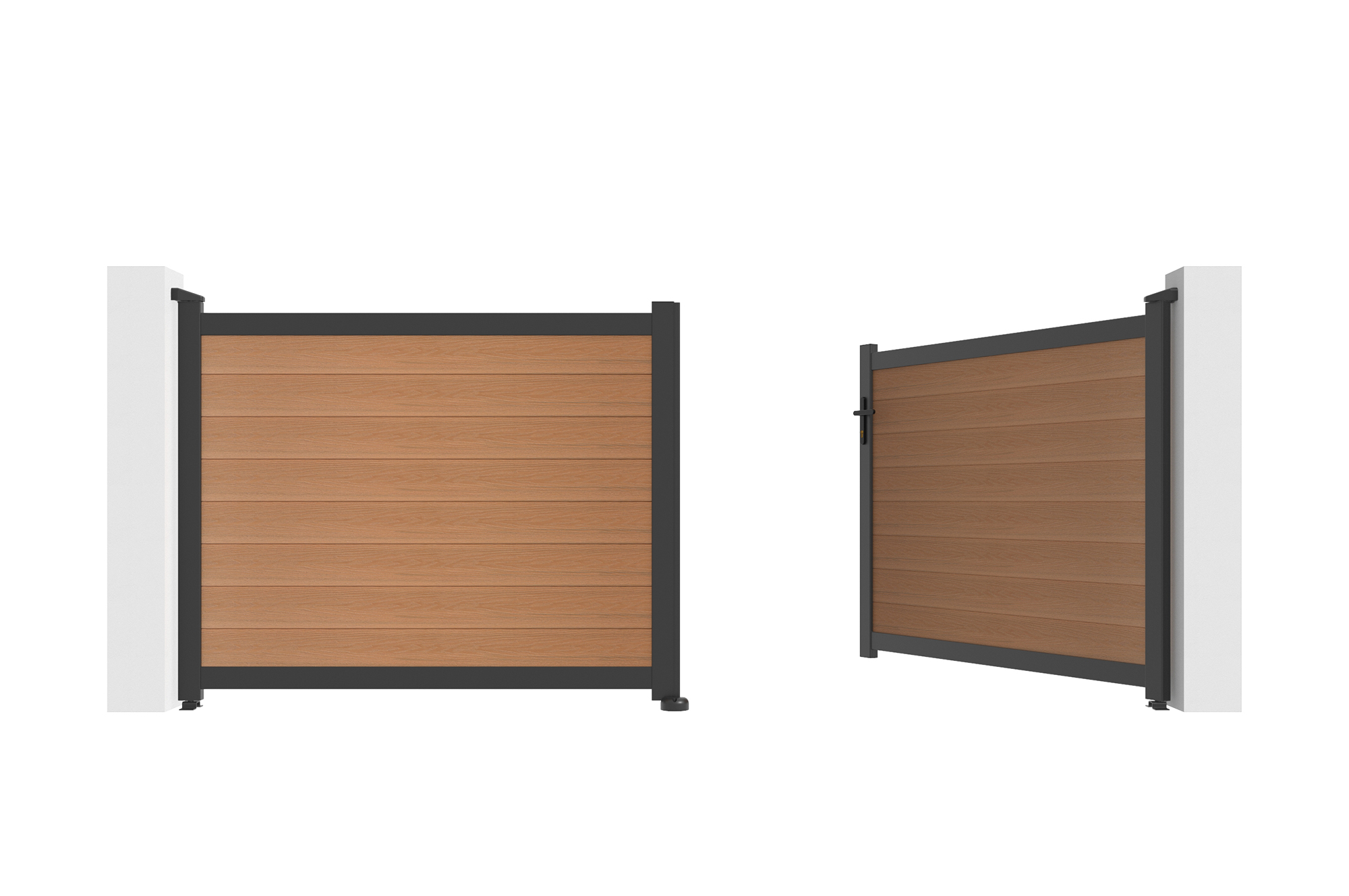 Cancello a battente ATHOS in legno massello composito, altezza 3,5 m (140 cm), colore teak, con telaio in alluminio. 16