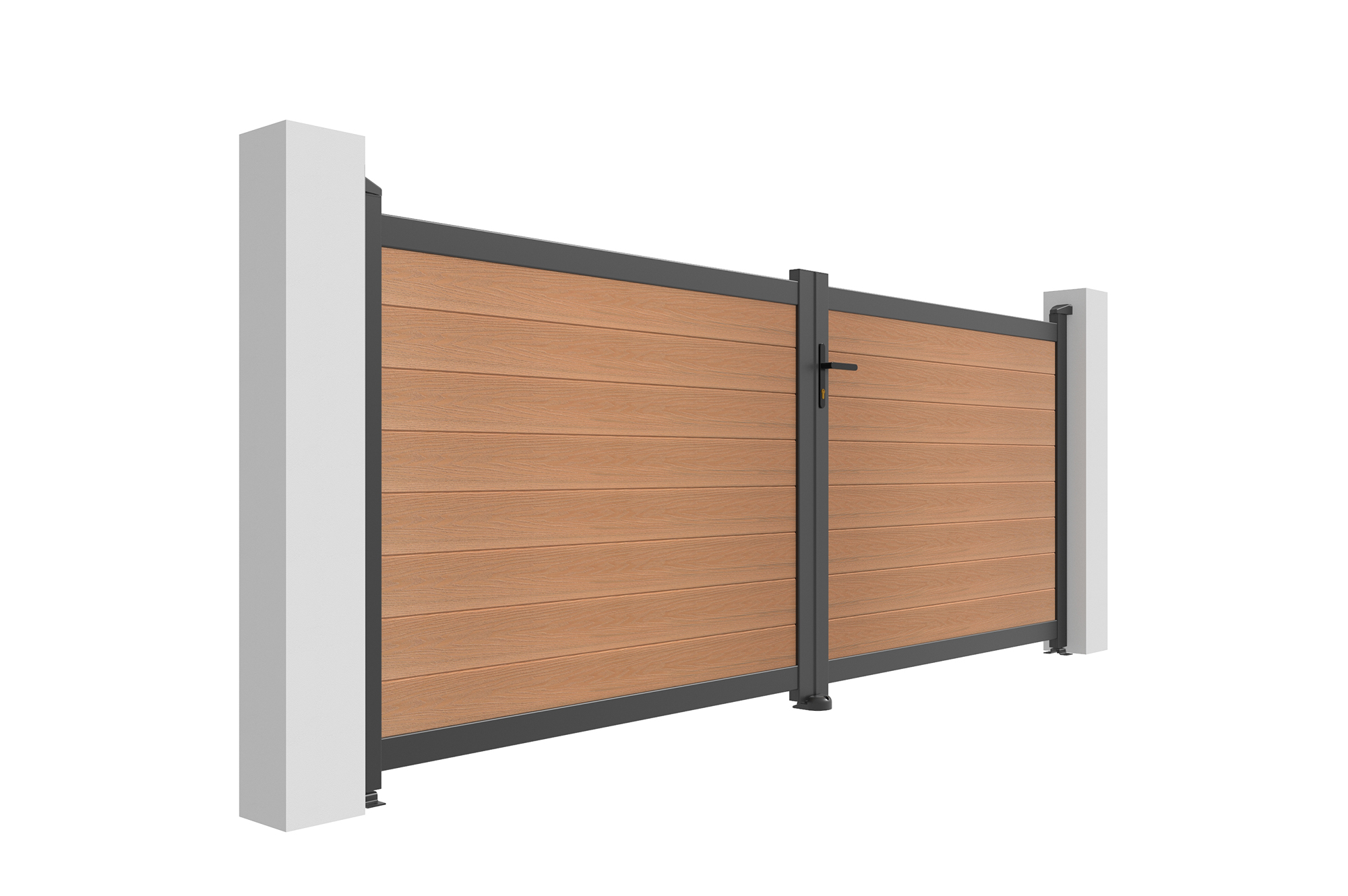 Cancello a battente ATHOS in legno massello composito, altezza 3,5 m (140 cm), colore teak, con telaio in alluminio. 3
