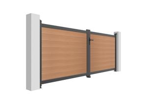 ATHOS draaipoort van 3,5 m hoog en 140 cm van teakhoutcomposiet met aluminium frame + ATHOS voetgangerspoort van 1 m hoog en 140 cm van composietmateriaal 3