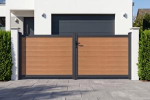 Portail bois composite battant plein 3,5m ATHOS H.140cm teck avec cadre aluminium main image